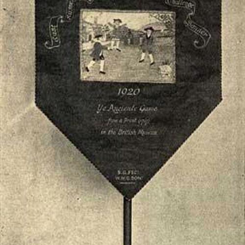 East Sussex Elementary Schools' Stoolball Challenge Banner. The centre panel is a representation of the game as played 200 years ago.